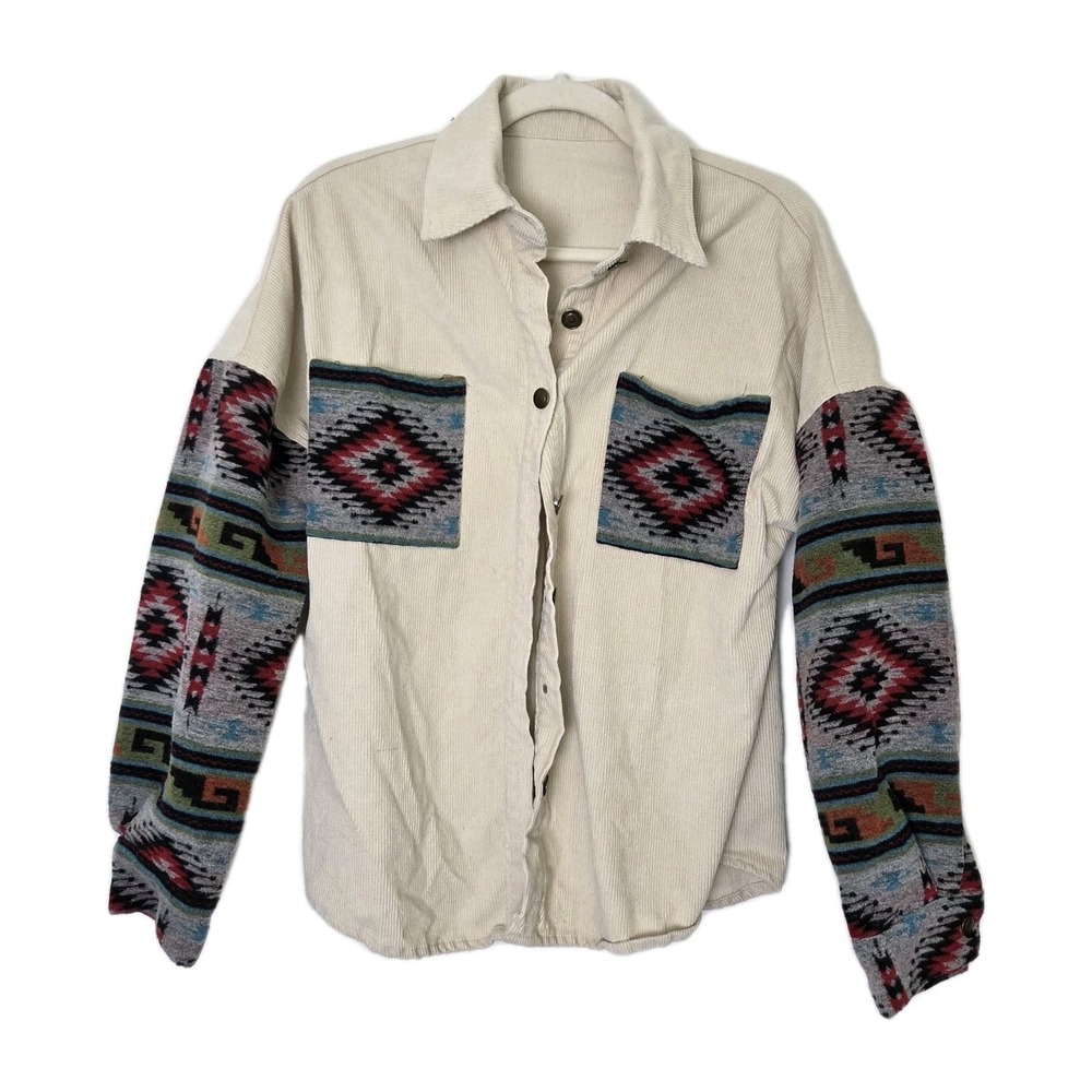 Ivory Corduroy Southwestern Aztec Button Up Shackett Size Medium Indie Grunge